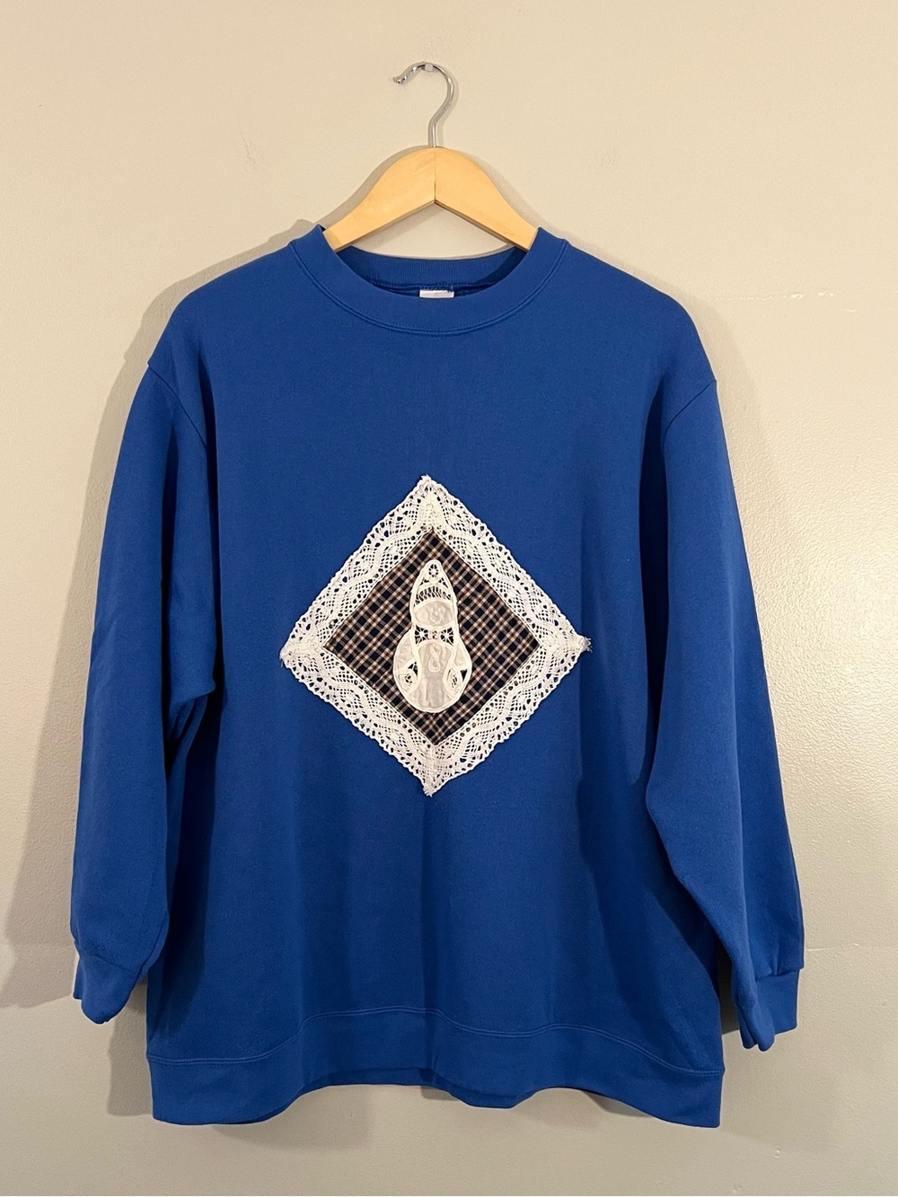Vintage Jerry Leigh blue crochet patchwork snowman sweatshirt Cottagecore 1990’s